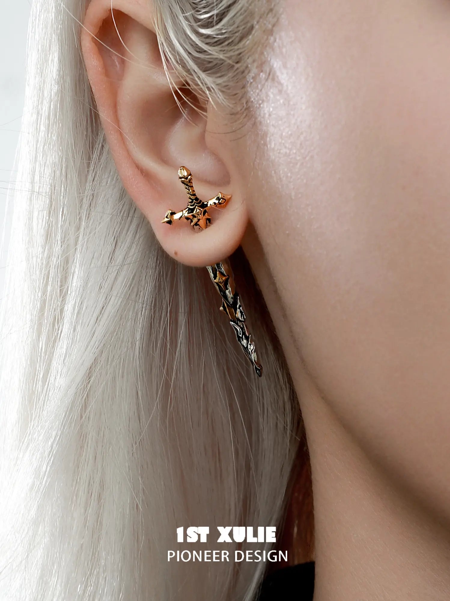1ST XULIE Jewelry "Knight's Oath" Knight's Sword Antique Stud Earrings in 18K Gold Plated Brass - Detail Shot