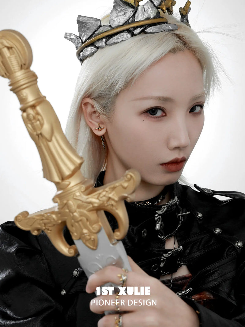 1ST XULIE Jewelry "Knight's Oath" Knight's Sword Antique Stud Earrings in 18K Gold Plated Brass - Product View