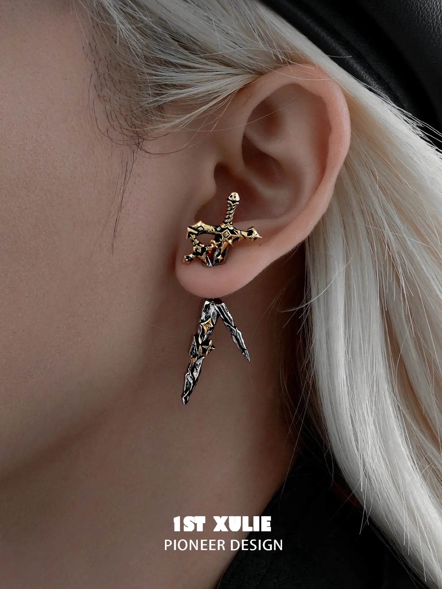 1ST XULIE Jewelry "Knight's Oath" Knight's Sword Antique Stud Earrings in 18K Gold Plated Brass - On Model