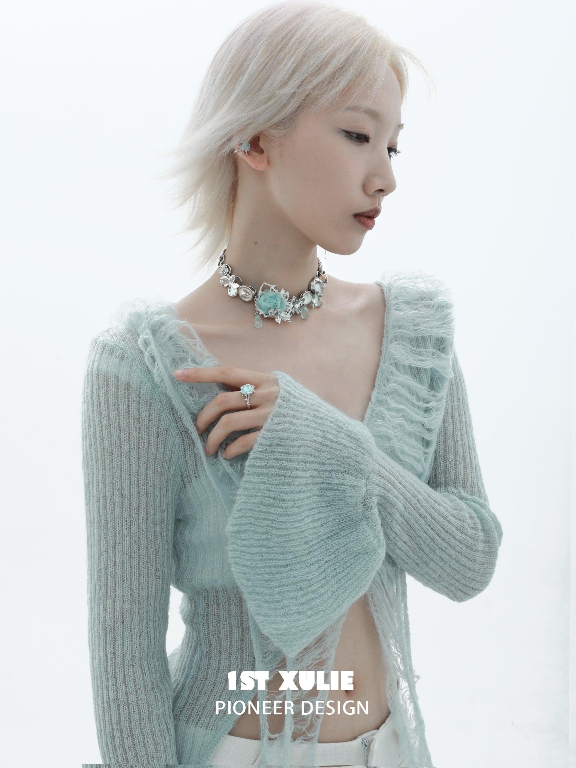 1ST XULIE "Taboo Rose" Knitted Rose Adjustable Open Ring in 925 Sterling Silver - Side View