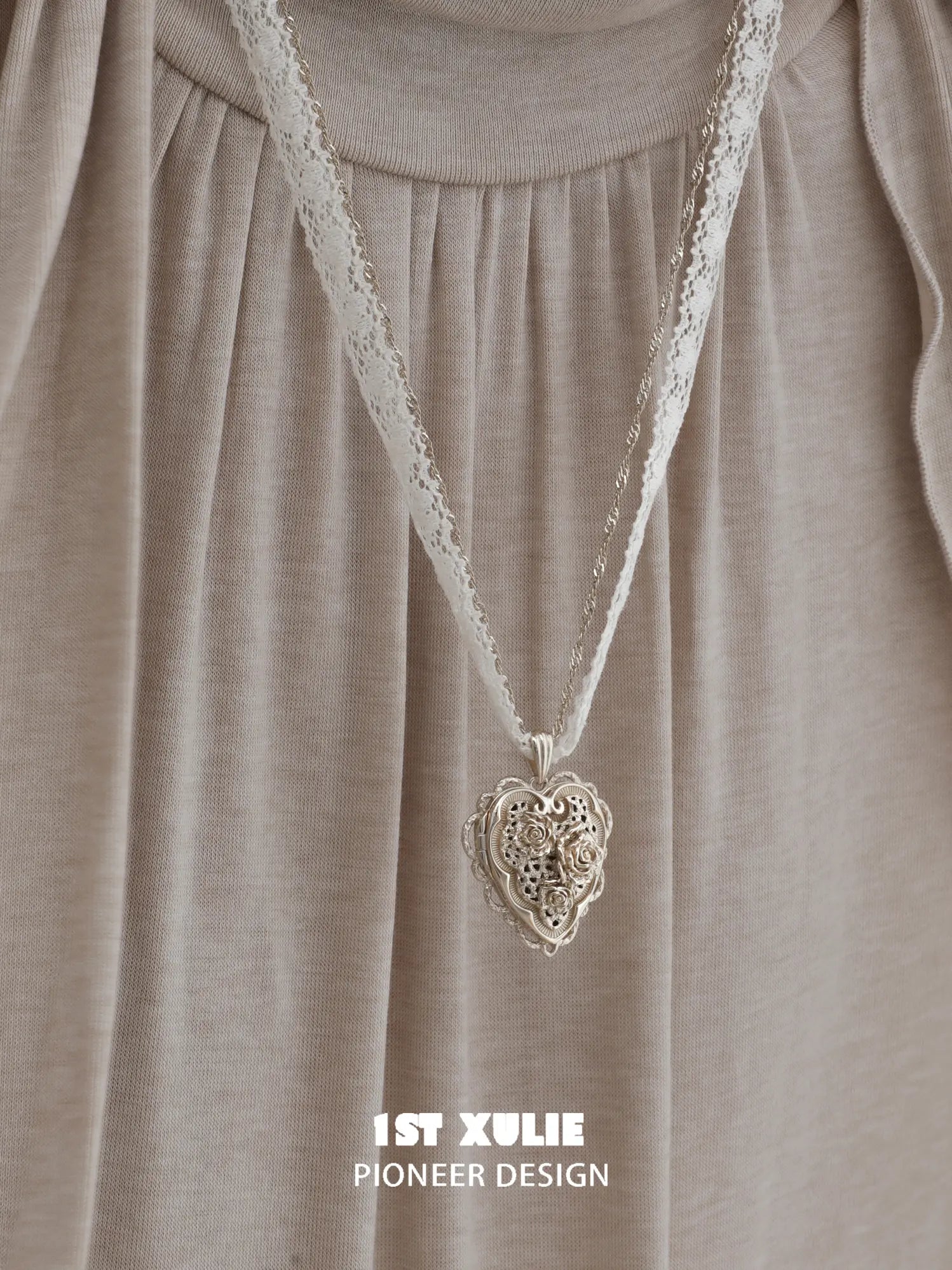 1ST XULIE Jewelry "Lace Rose" Victorian Lace Heart Locket Pendant Necklace in 18K Gold Plated - Angle 1