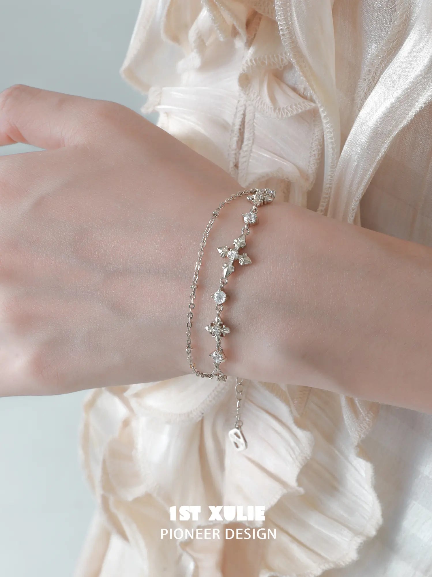 1ST XULIE Jewelry "Bastet" Layered Iris Zirconia Charm Bracelet in 18K Gold Plated - Lifestyle Shot