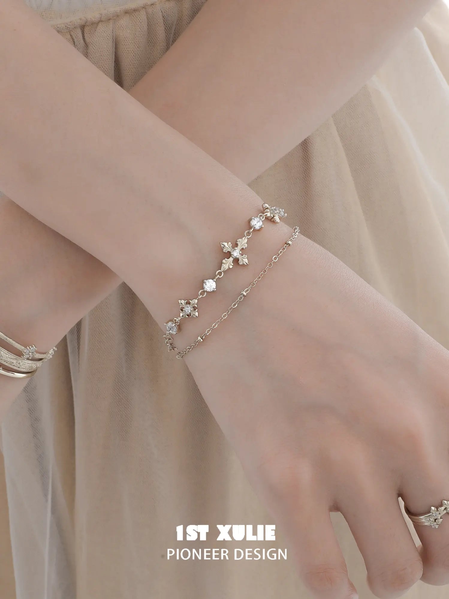 1ST XULIE Jewelry "Bastet" Layered Iris Zirconia Charm Bracelet in 18K Gold Plated - Side View