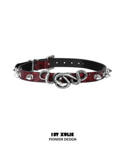 1ST XULIE "Snake Bite" Layered Leather Rivet Pendant Choker Necklace in Platinum Plated Brass and Leather - Angled View