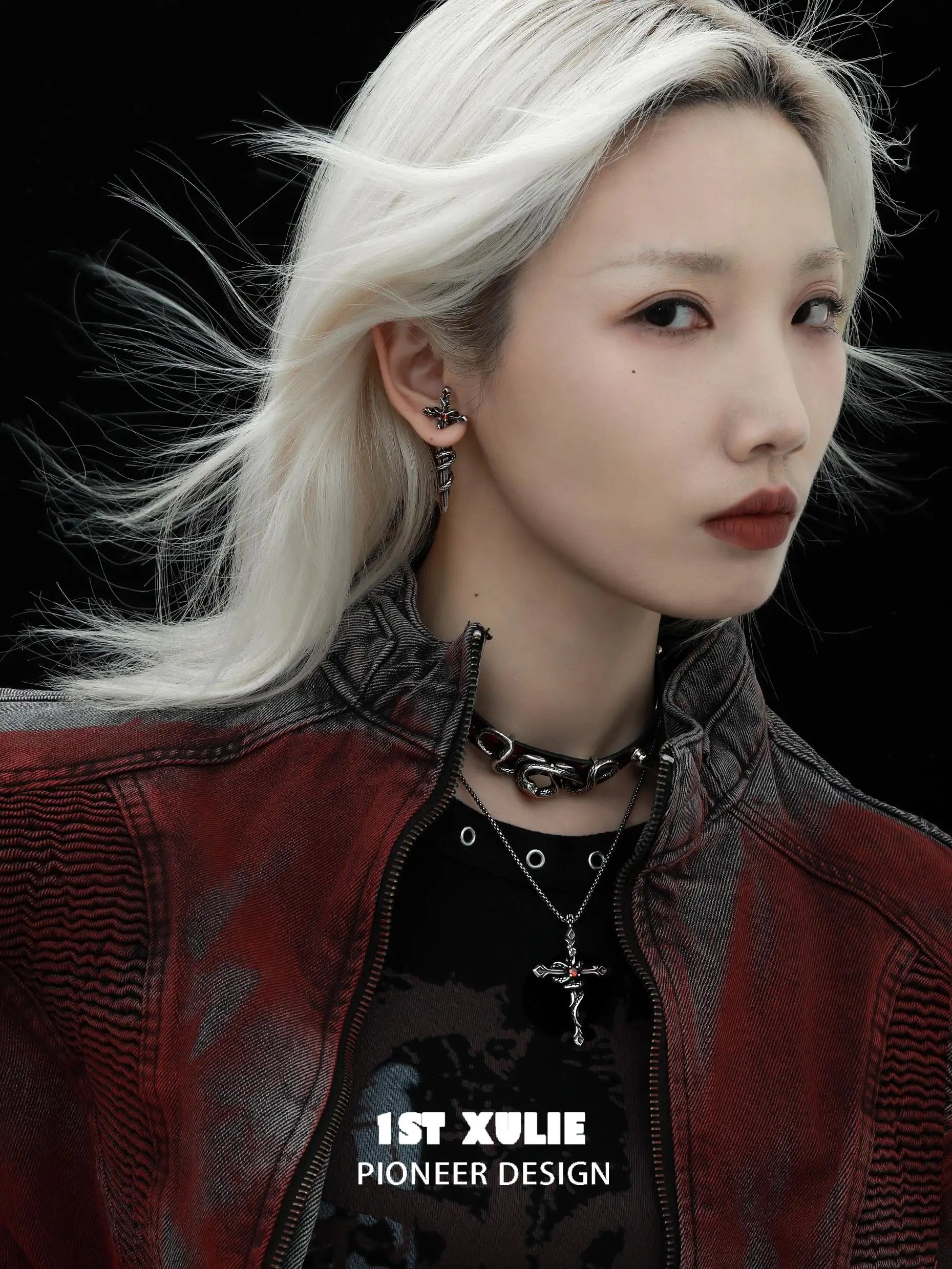1ST XULIE "Snake Bite" Layered Leather Rivet Pendant Choker Necklace in Platinum Plated Brass and Leather - Back View