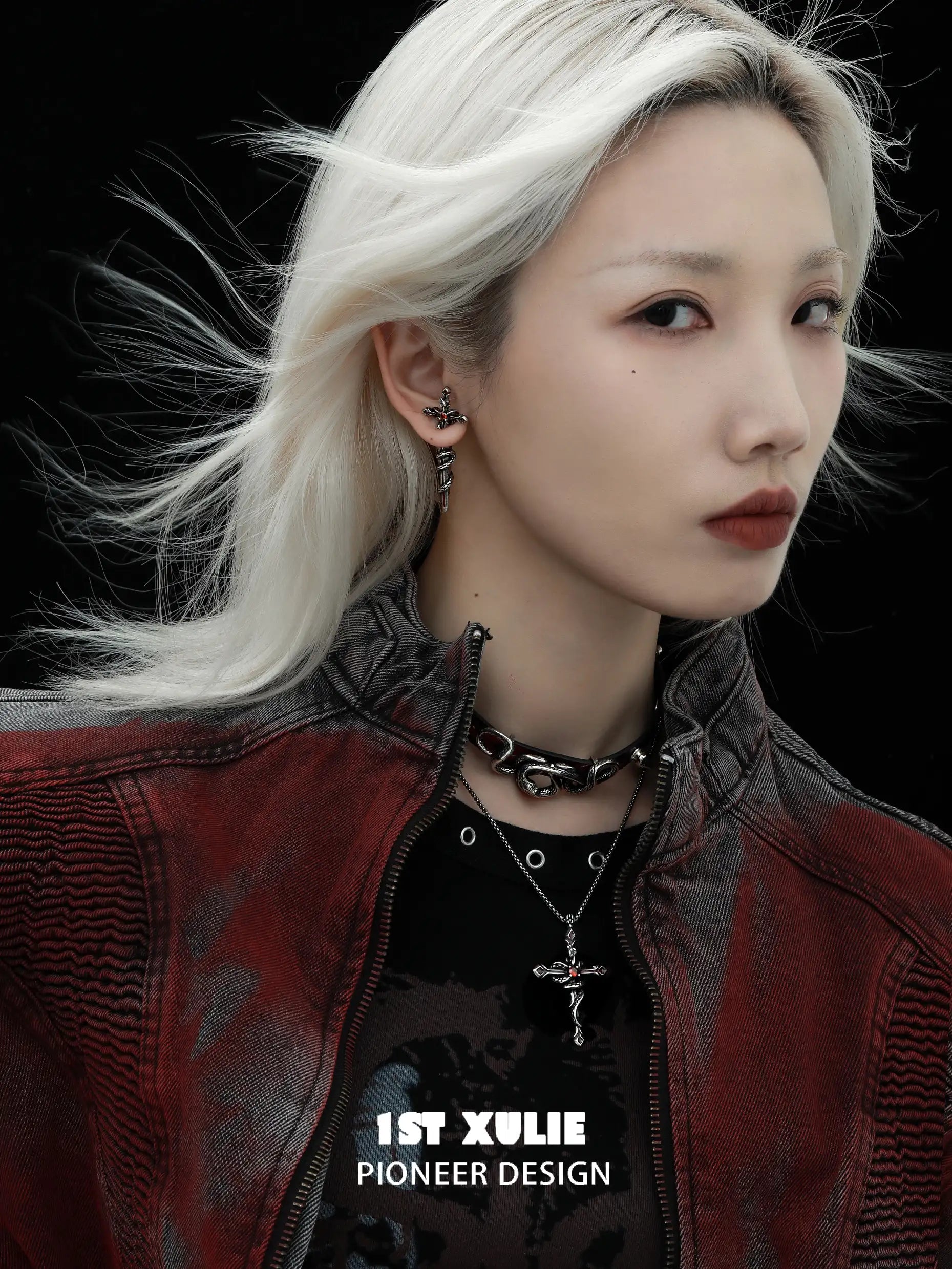 1ST XULIE "Snake Bite" Layered Leather Rivet Pendant Choker Necklace in Platinum Plated Brass and Leather - Detail Shot