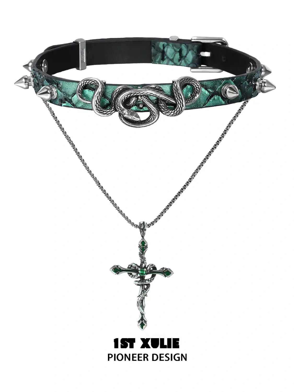 1ST XULIE "Snake Bite" Layered Leather Rivet Pendant Choker Necklace in Platinum Plated Brass and Leather - Product View