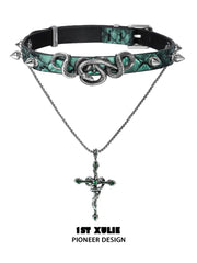 1ST XULIE "Snake Bite" Layered Leather Rivet Pendant Choker Necklace in Platinum Plated Brass and Leather - Product View