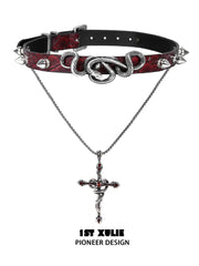 1ST XULIE "Snake Bite" Layered Leather Rivet Pendant Choker Necklace in Platinum Plated Brass and Leather - On Model