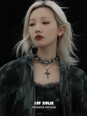 1ST XULIE "Snake Bite" Layered Leather Rivet Pendant Choker Necklace in Platinum Plated Brass and Leather - On Model Close-up