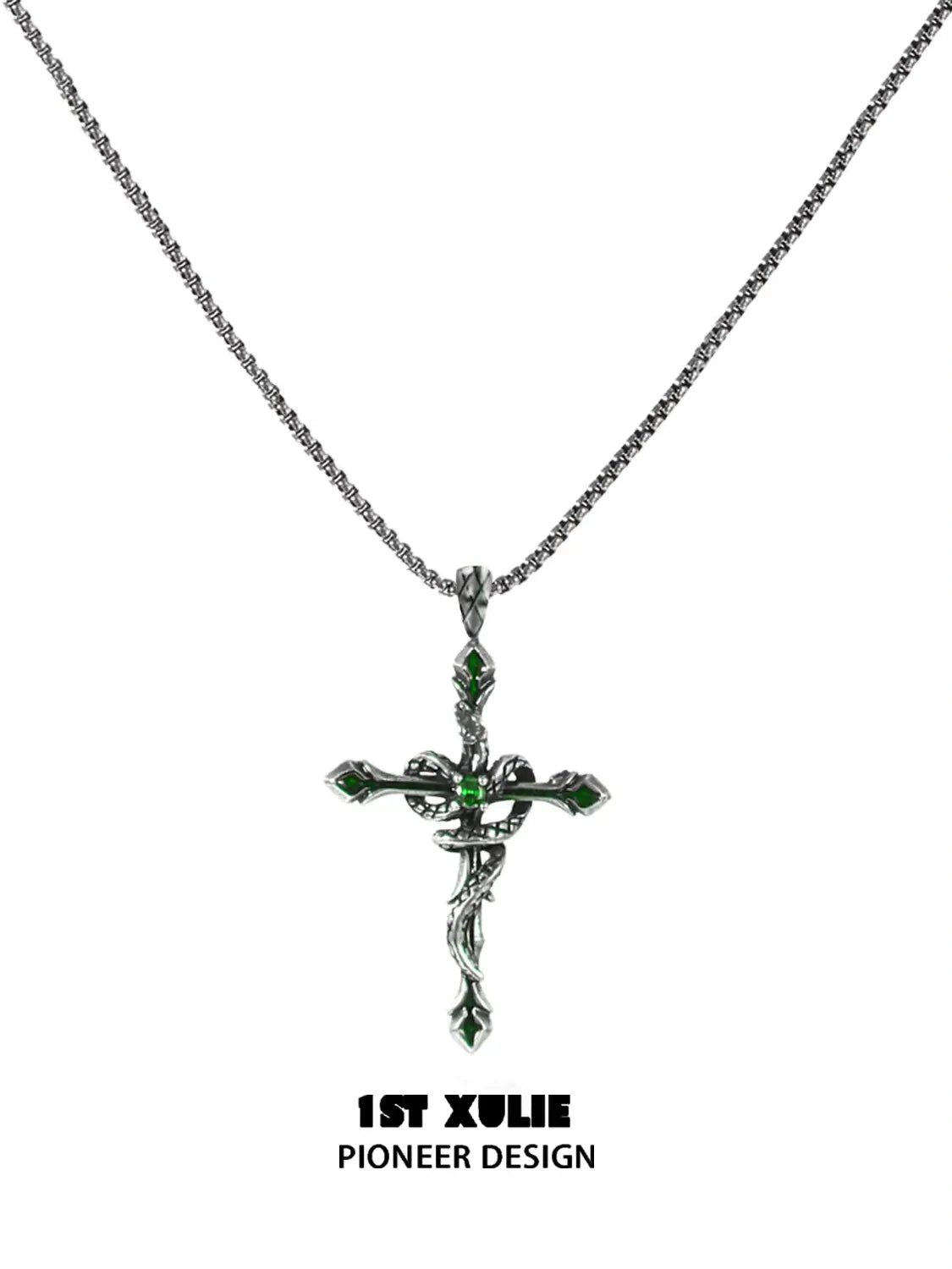 1ST XULIE "Snake Bite" Layered Leather Rivet Pendant Choker Necklace in Platinum Plated Brass and Leather - Full Product View