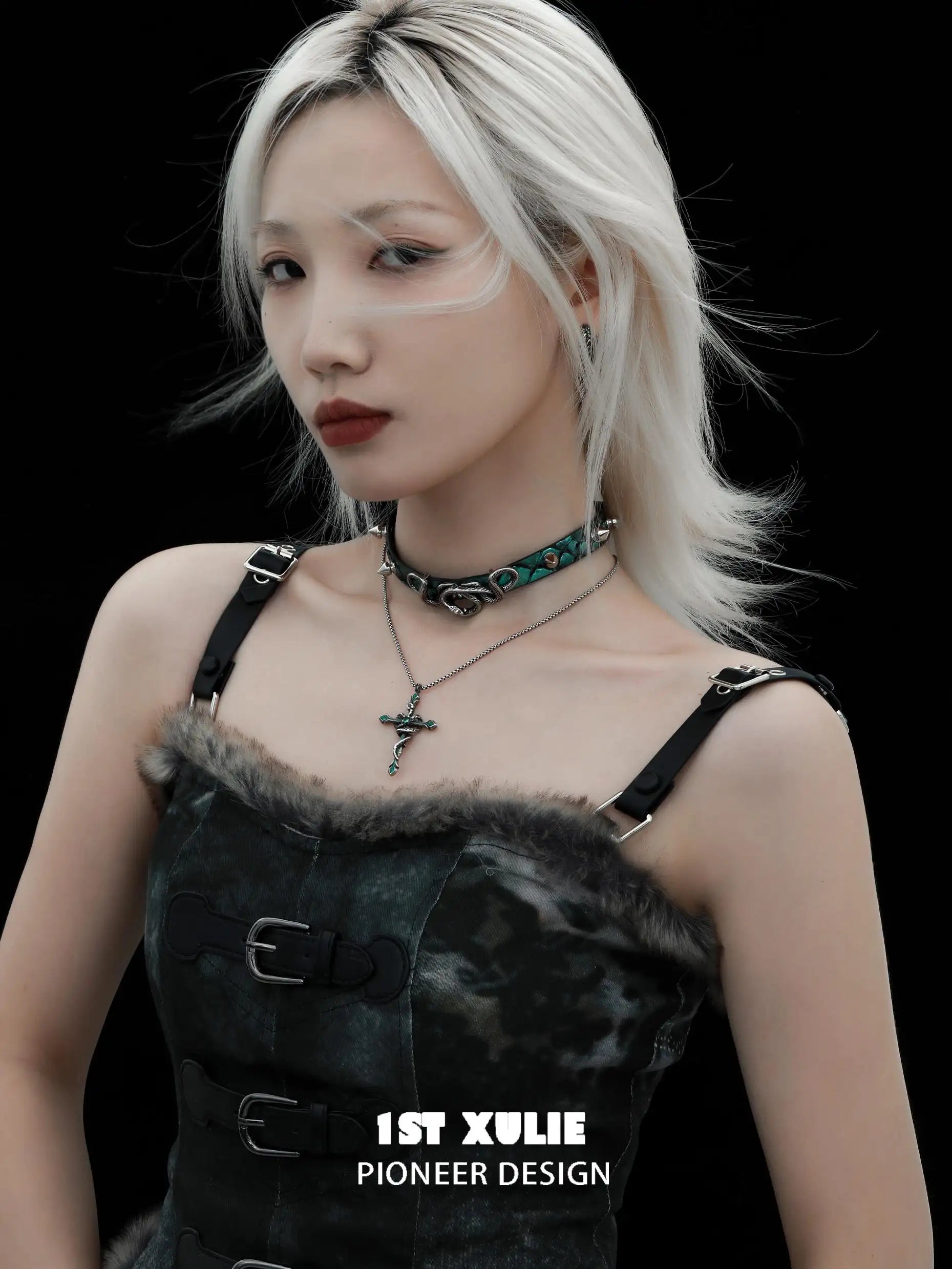 1ST XULIE "Snake Bite" Layered Leather Rivet Pendant Choker Necklace in Platinum Plated Brass and Leather - Side View
