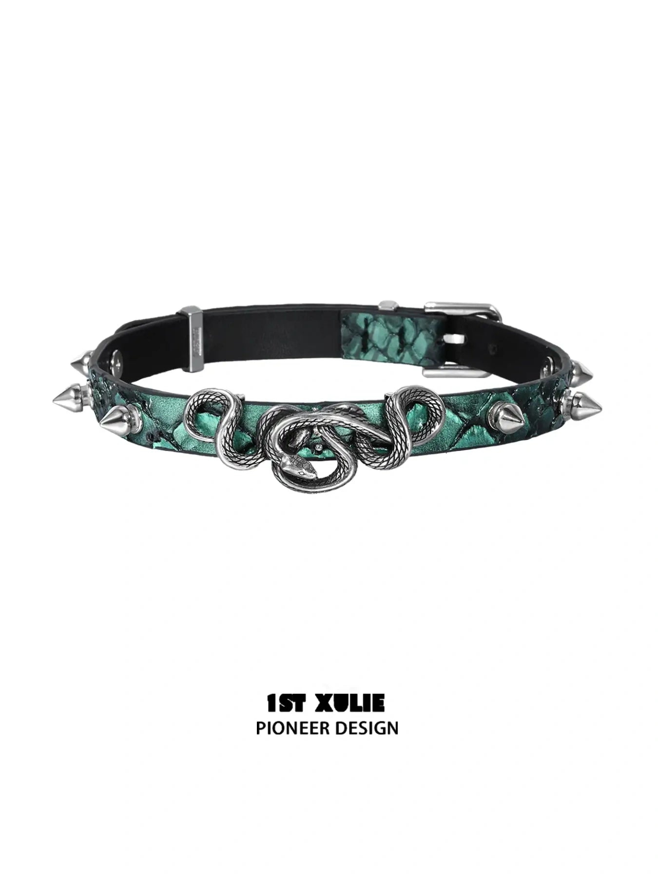 1ST XULIE "Snake Bite" Layered Leather Rivet Pendant Choker Necklace in Platinum Plated Brass and Leather - Texture Detail
