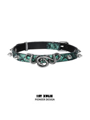 1ST XULIE "Snake Bite" Layered Leather Rivet Pendant Choker Necklace in Platinum Plated Brass and Leather - Texture Detail