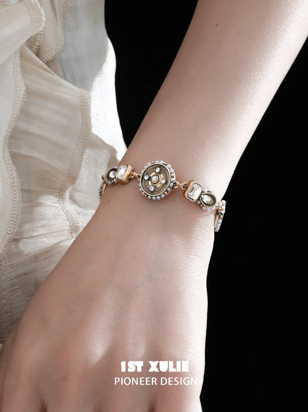 1ST XULIE "Bastet" Layered Pearl and Chain Bracelet in 18K Gold Plated - On Model