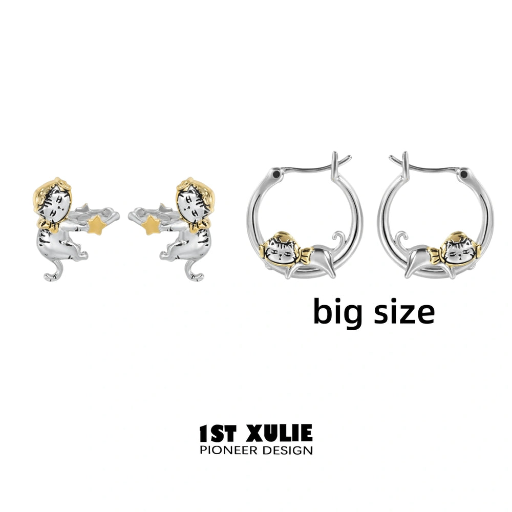 1ST XULIE "Graffiti Kitten" Lazy Kitten Statement Charm Hoop Earrings in Platinum Plated - Angled Product View