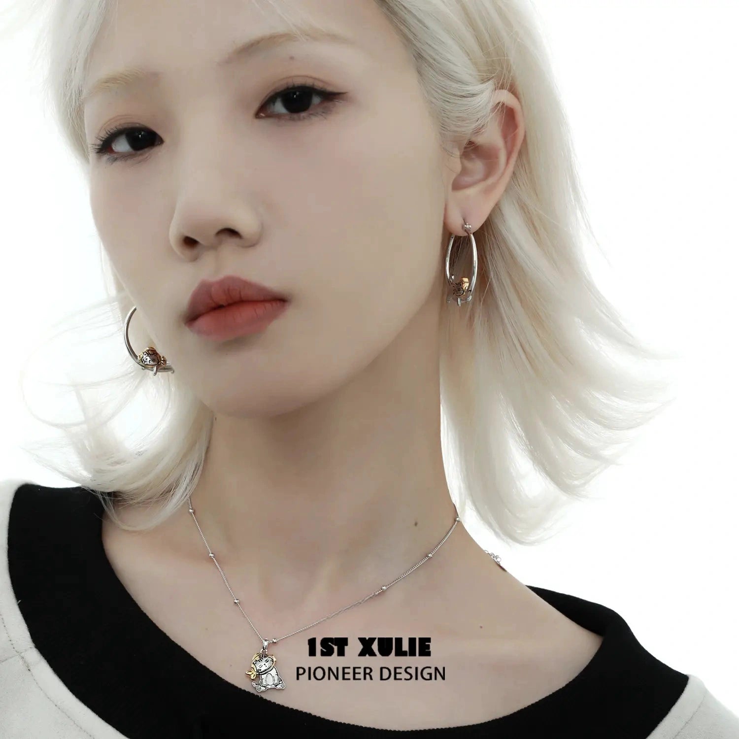 1ST XULIE "Graffiti Kitten" Lazy Kitten Statement Charm Hoop Earrings in Platinum Plated - Angled Product View