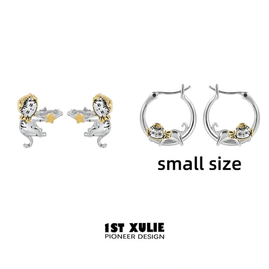 1ST XULIE "Graffiti Kitten" Lazy Kitten Statement Charm Hoop Earrings in Platinum Plated - On Model Side Profile