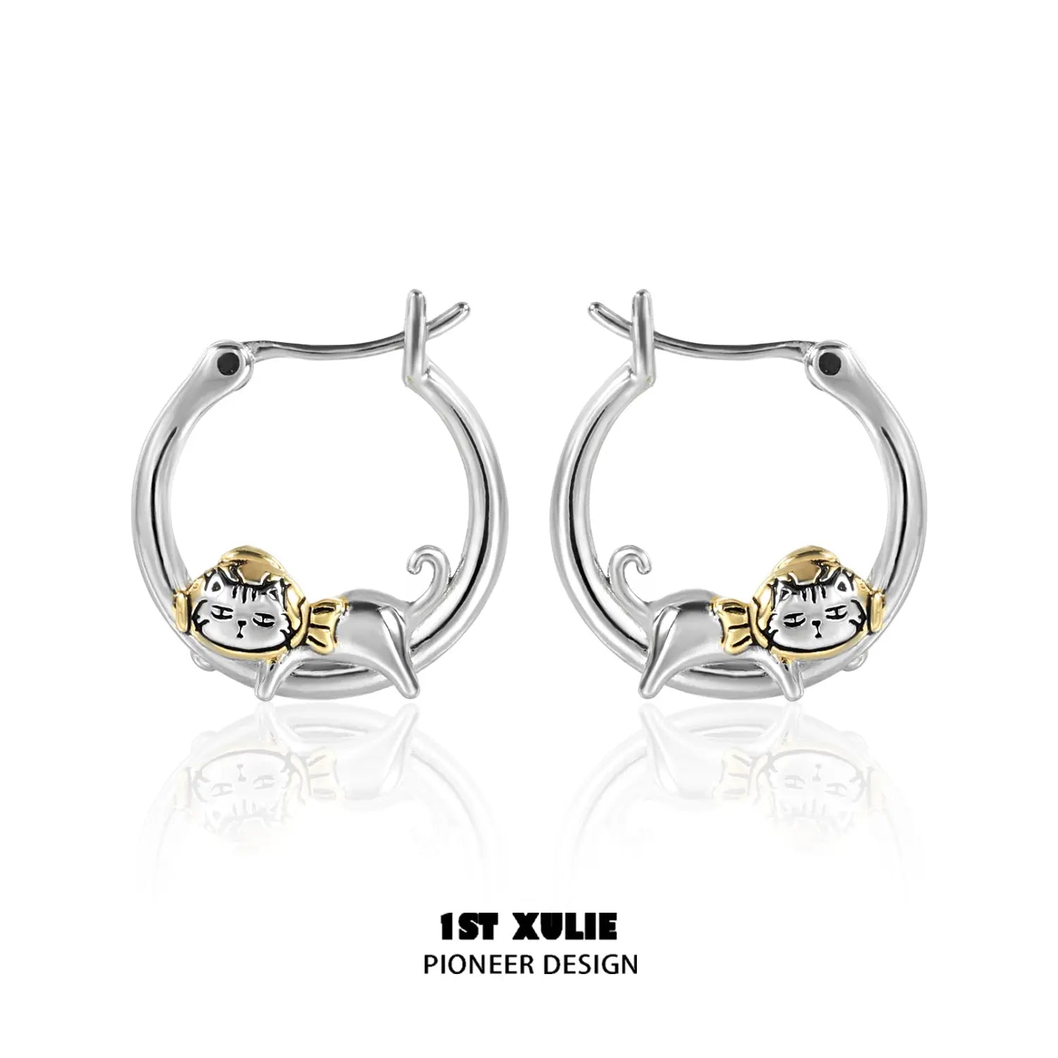 1ST XULIE "Graffiti Kitten" Lazy Kitten Hoop Earrings in 925 Sterling Silver - On Model