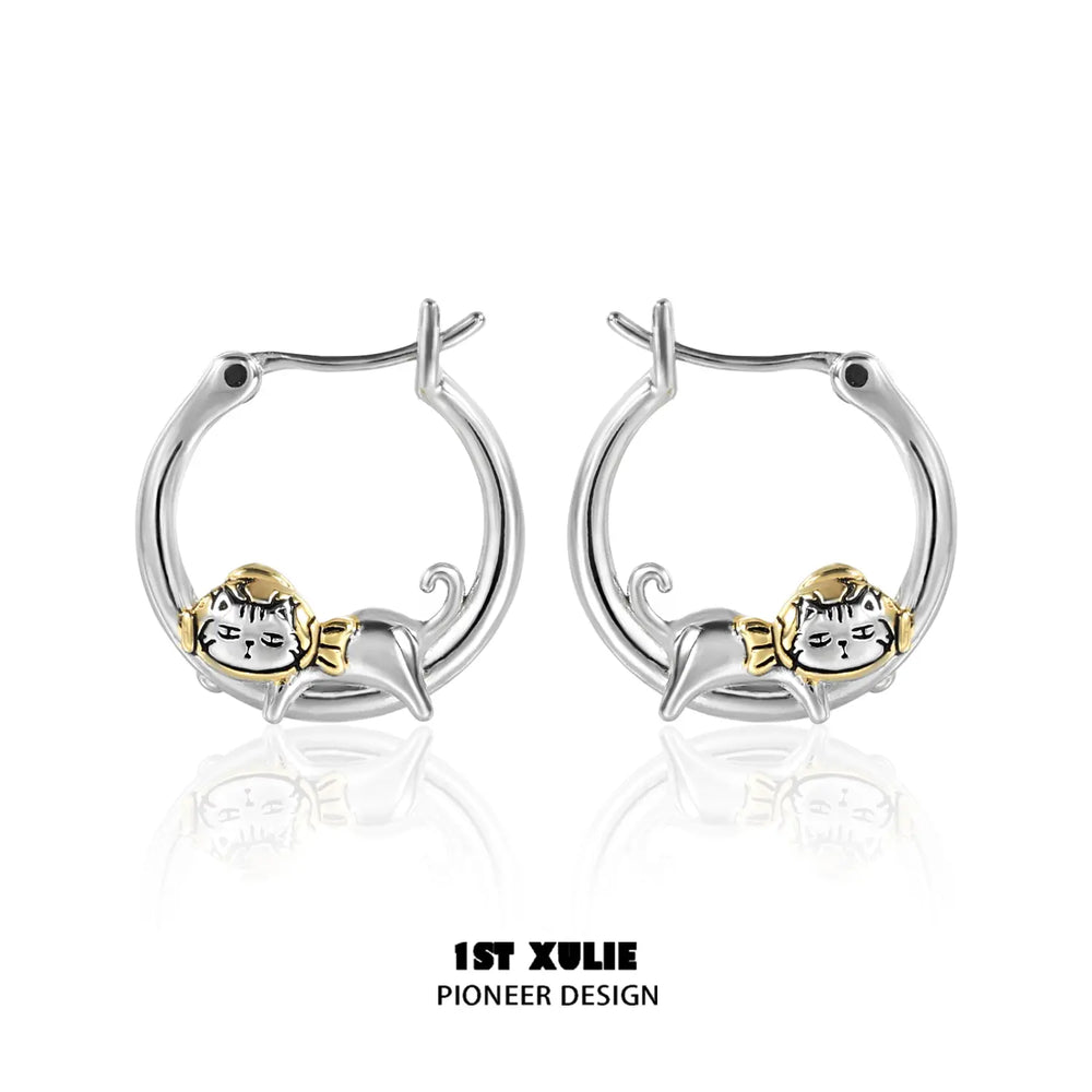 1ST XULIE "Graffiti Kitten" Lazy Kitten Hoop Earrings in 925 Sterling Silver - On Model
