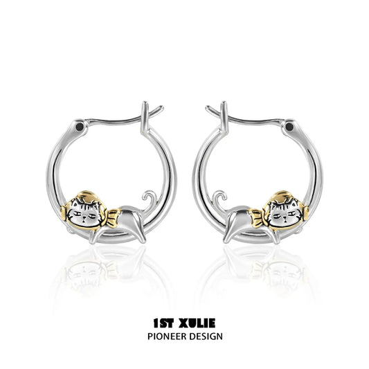1ST XULIE "Graffiti Kitten" Lazy Kitten Hoop Earrings in 925 Sterling Silver - On Model