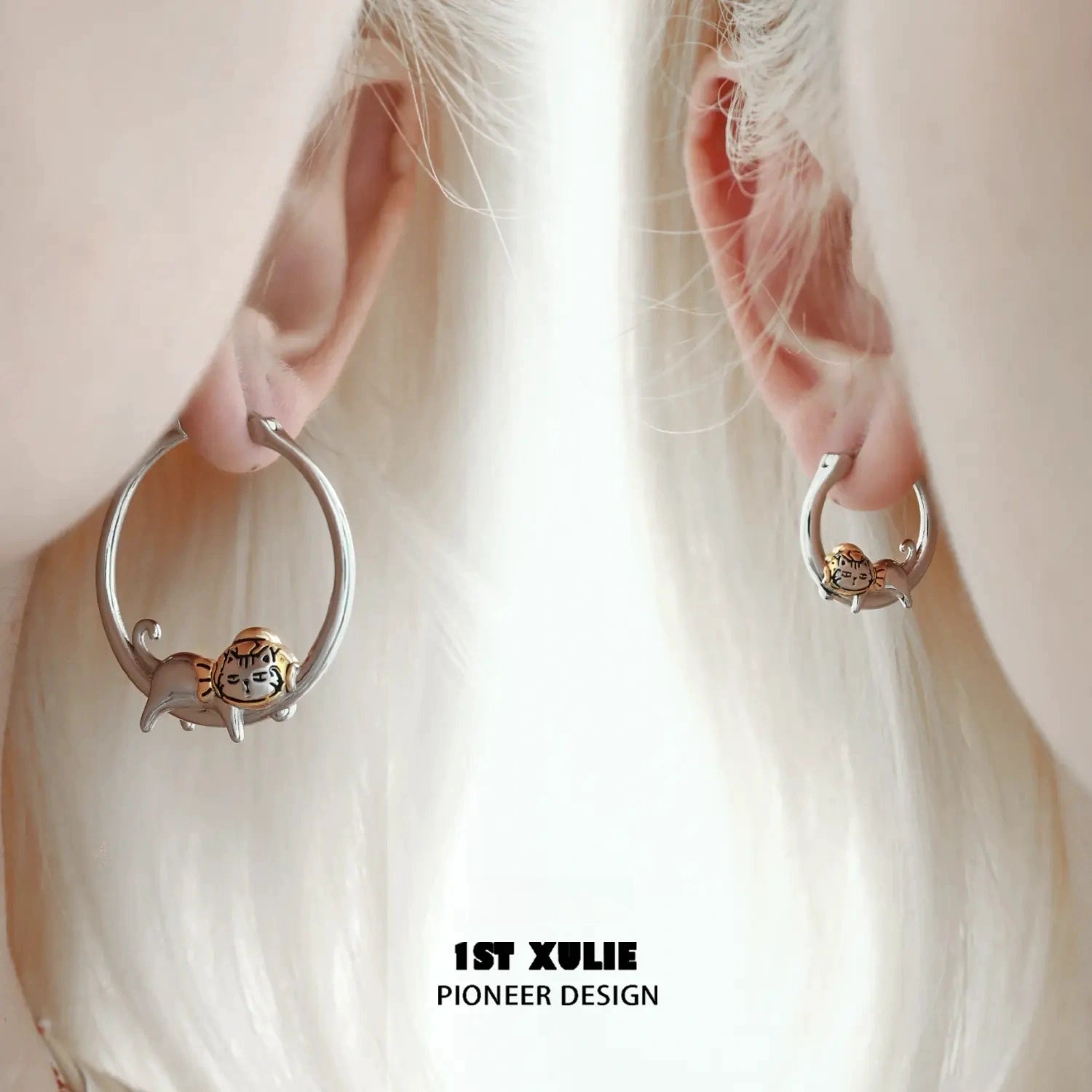 1ST XULIE "Graffiti Kitten" Lazy Kitten Hoop Earrings in 925 Sterling Silver - On Model Close-Up