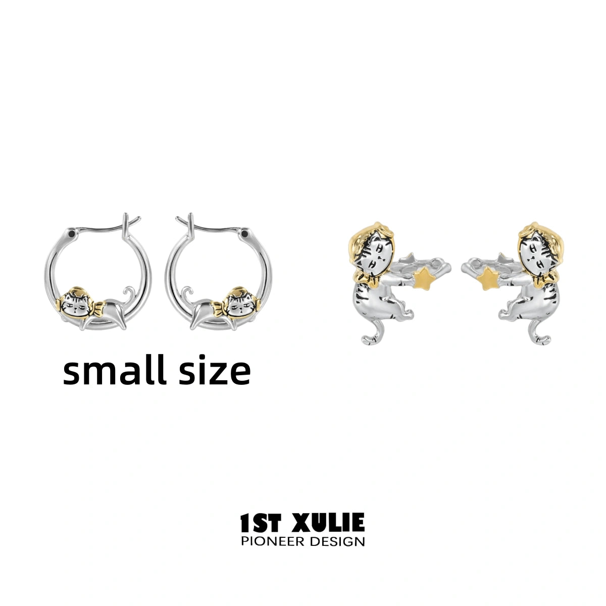 1ST XULIE "Graffiti Kitten" Lazy Kitten Statement Charm Hoop Earrings in Platinum Plated - Packaging View