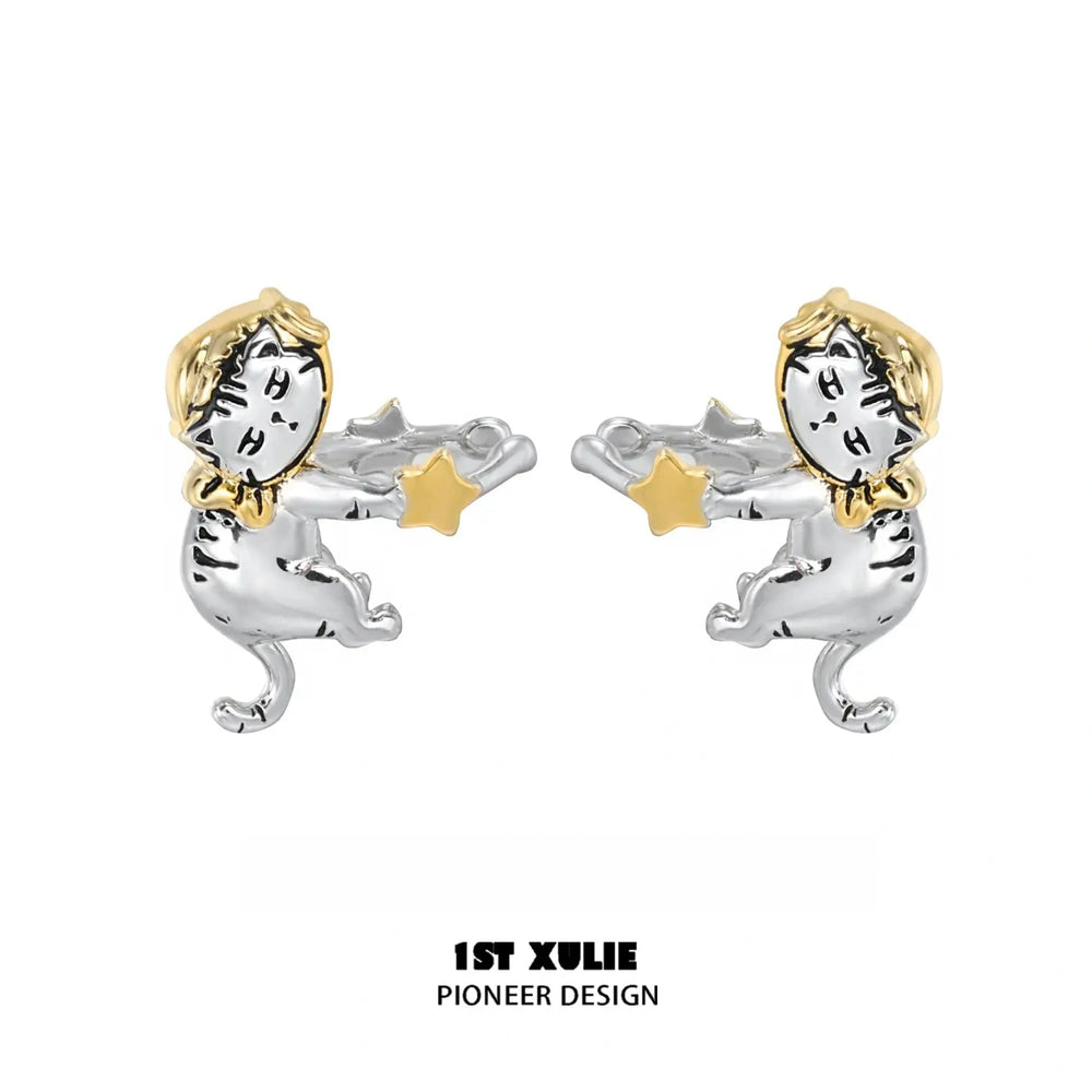1ST XULIE "Graffiti Kitten" Lazy Kitten Statement Charm Hoop Earrings in Platinum Plated - Side View