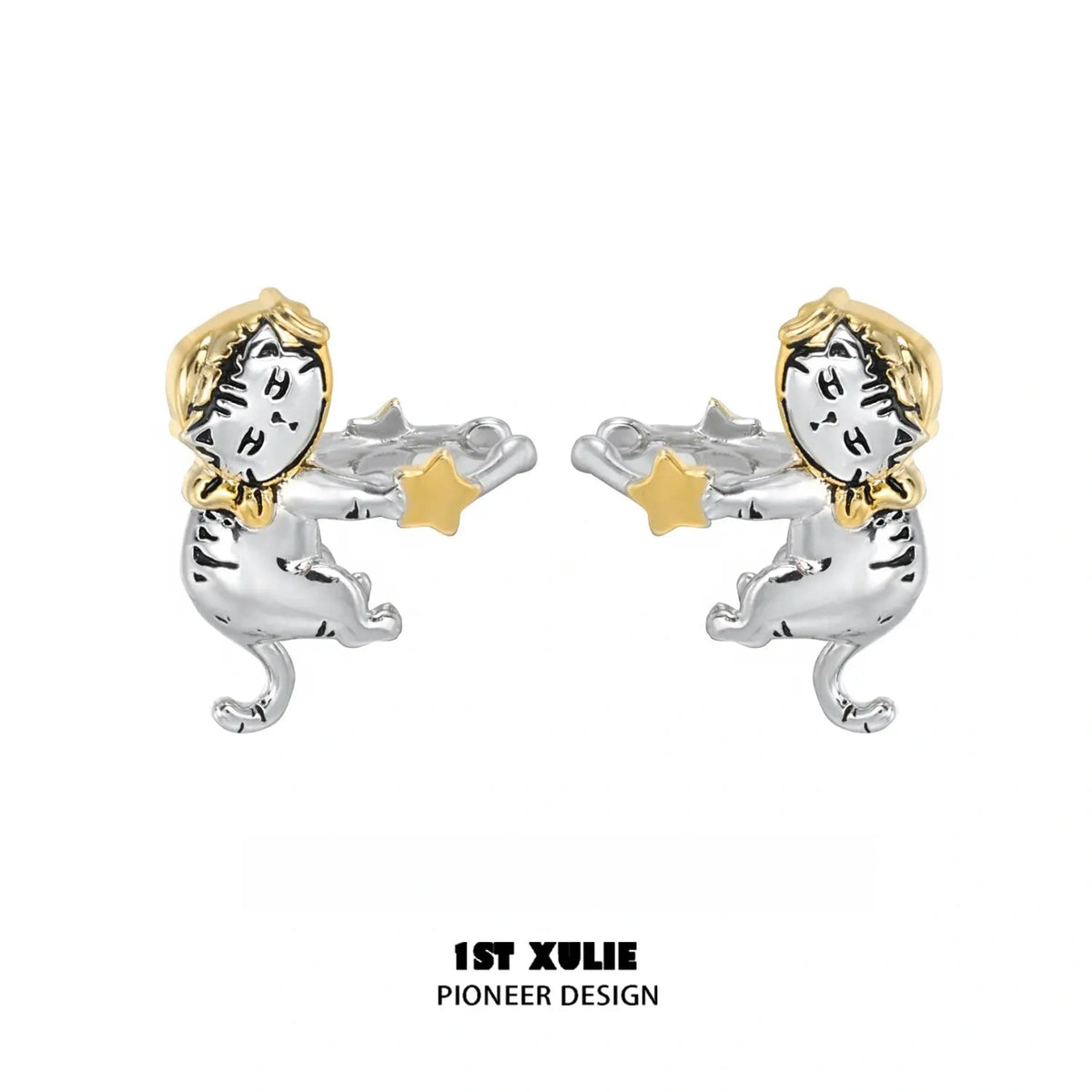 1ST XULIE "Graffiti Kitten" Lazy Kitten Statement Charm Hoop Earrings in Platinum Plated - Side View