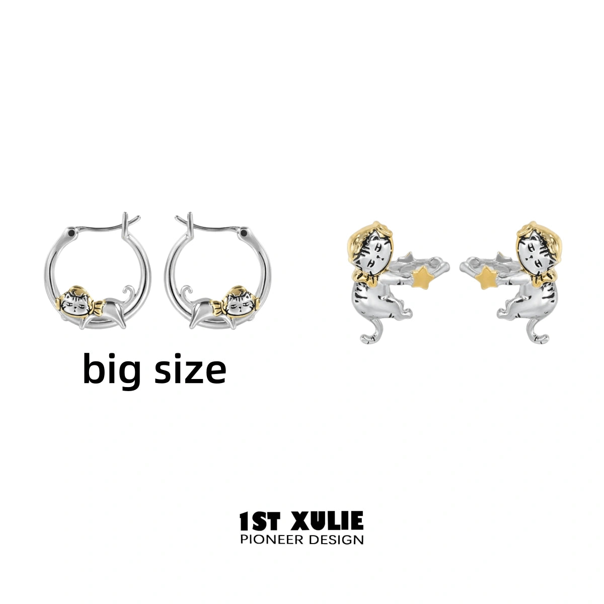 1ST XULIE "Graffiti Kitten" Lazy Kitten Statement Charm Hoop Earrings in Platinum Plated - Size Comparison