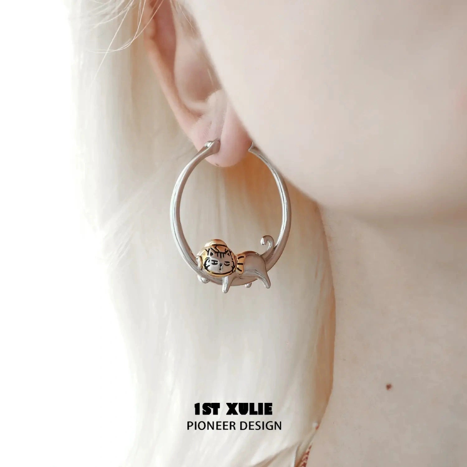1ST XULIE "Graffiti Kitten" Small Lazy Kitten Hoop Earrings in 925 Sterling Silver - On Model