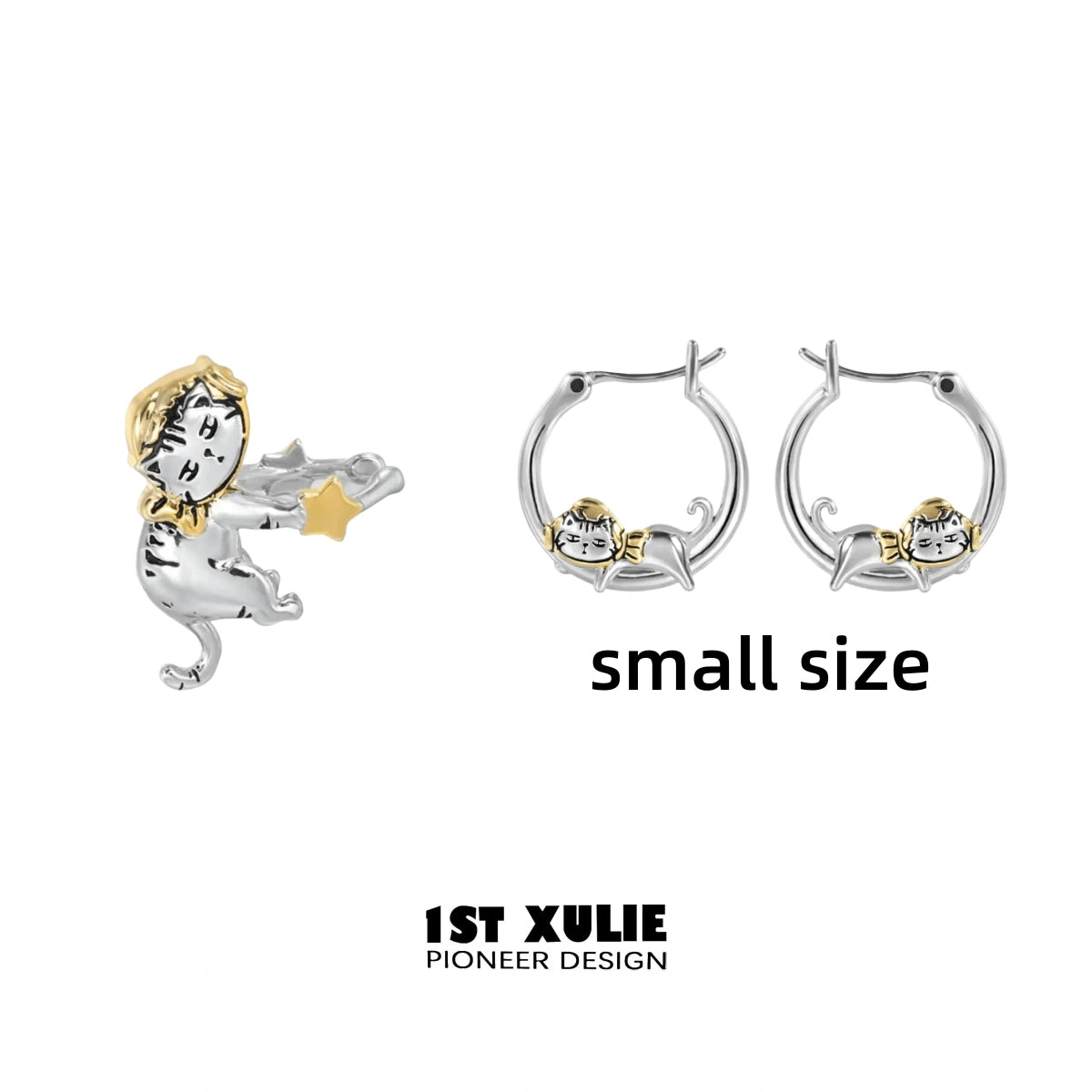 1ST XULIE "Graffiti Kitten" Lazy Kitten Statement Charm Hoop Earrings in Platinum Plated - Texture Detail