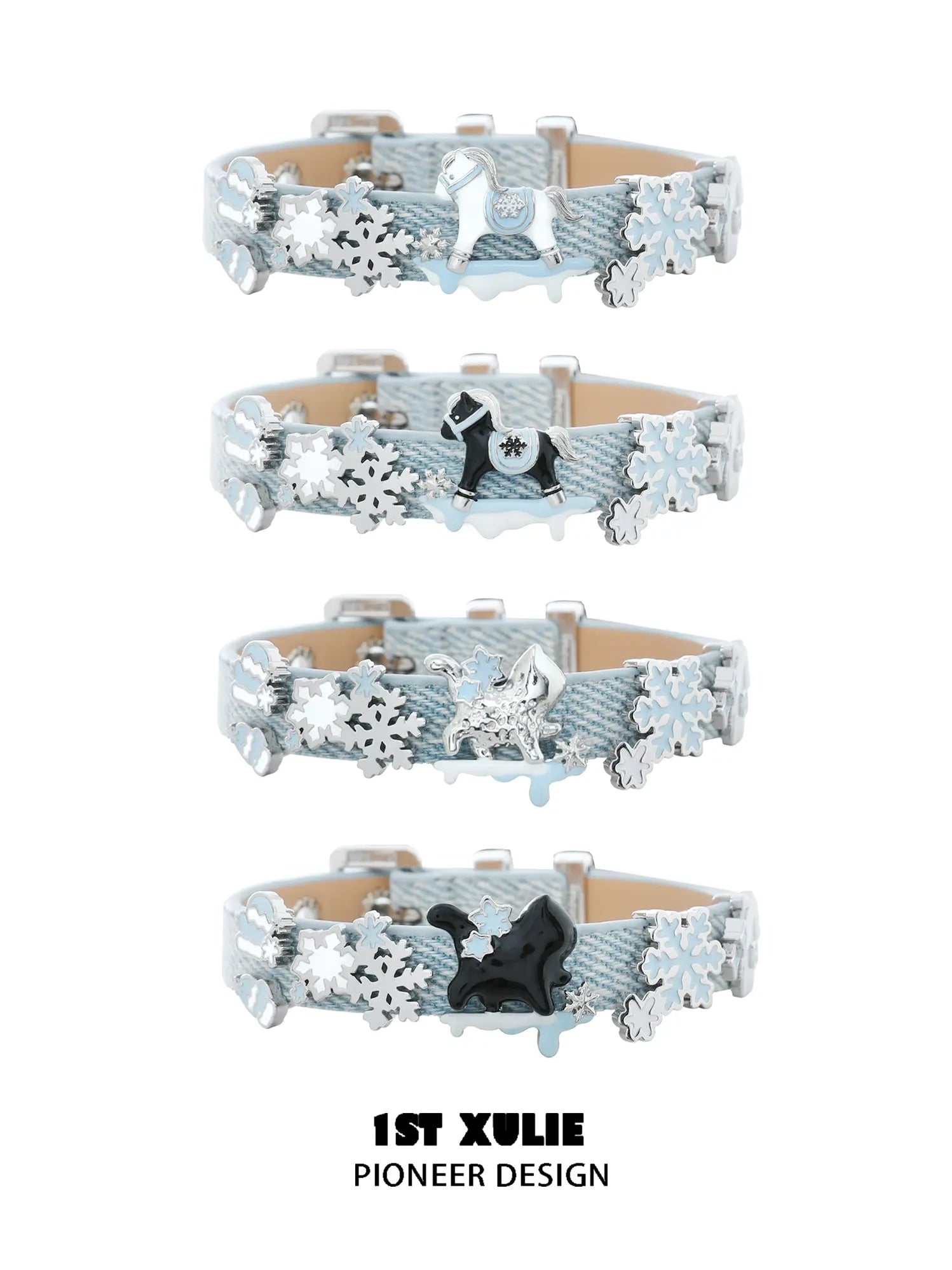 1ST XULIE Jewelry "Snowy Cuties" Black Cat Leather Buckle Bracelet in Brass - Product View