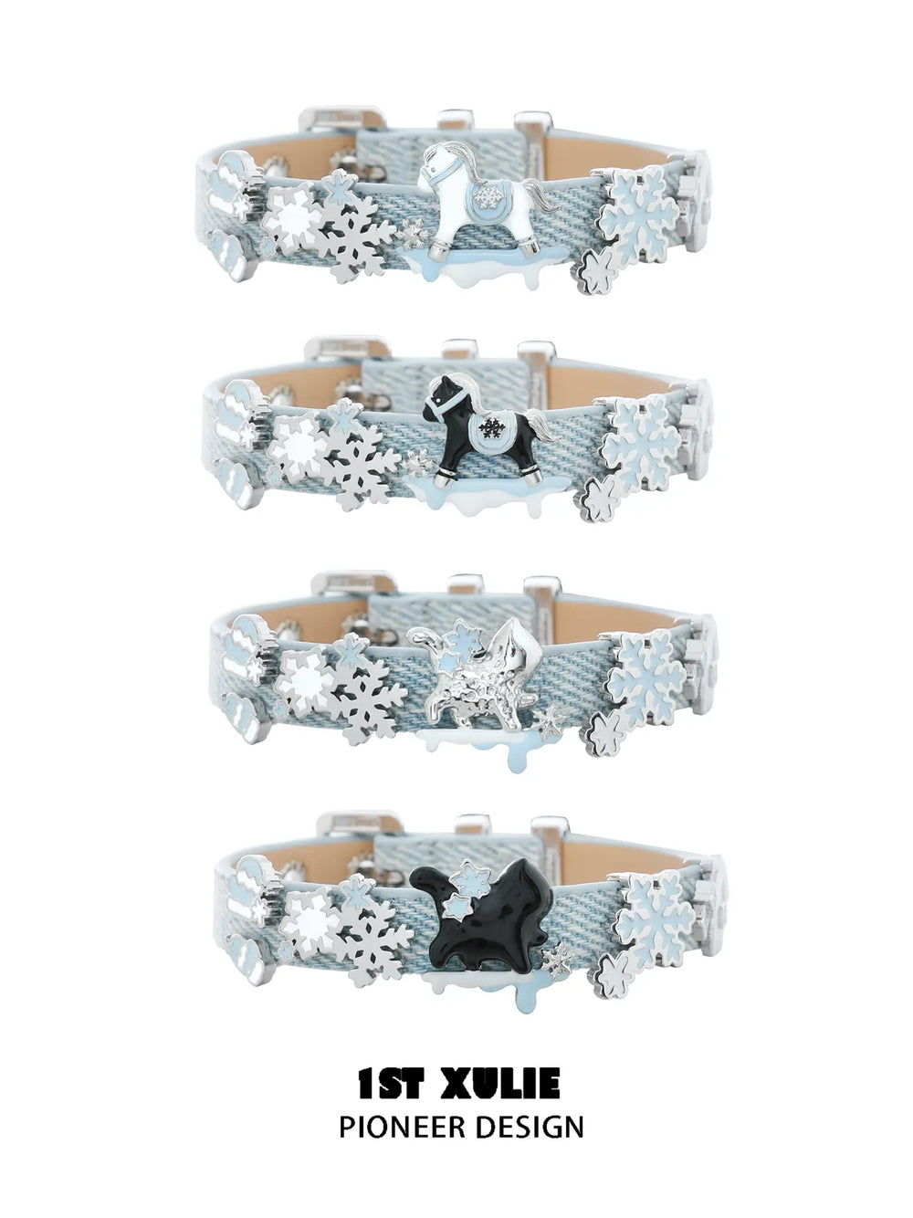 1ST XULIE Jewelry "Snowy Cuties" Black Cat Leather Buckle Bracelet in Brass - Product View
