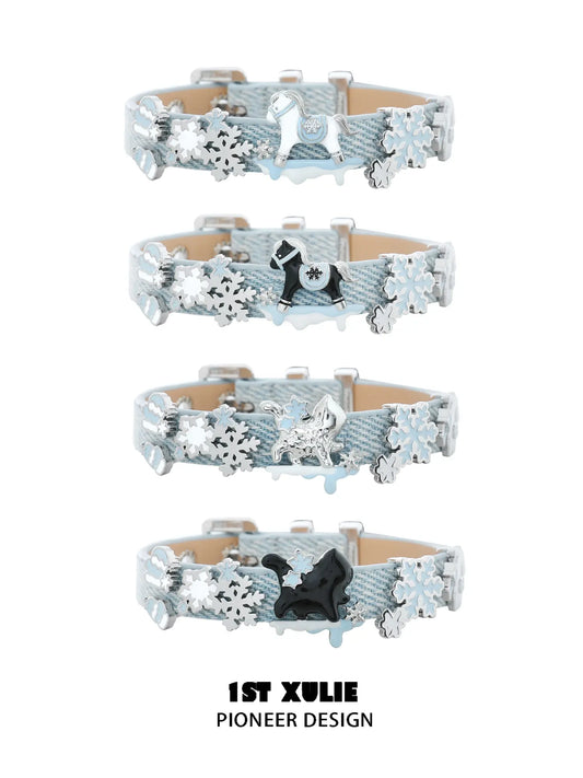 1ST XULIE Jewelry "Snowy Cuties" Black Cat Leather Buckle Bracelet in Brass - Product View