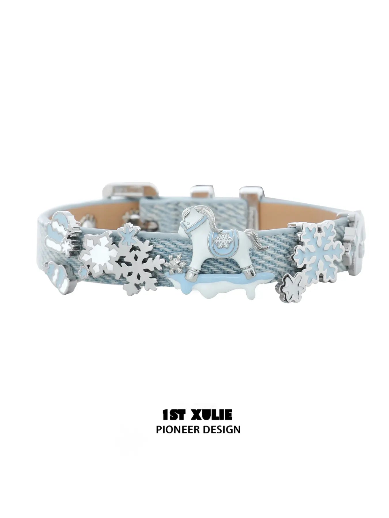 1ST XULIE Jewelry "Snowy Cuties" Black Pony Leather Buckle Bracelet in Brass - Product View
