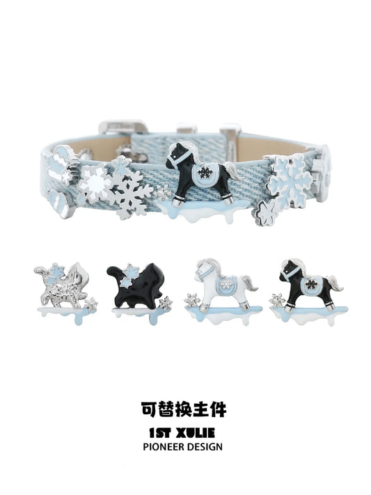 1ST XULIE Jewelry "Snowy Cuties" Leather Cat & Pony Buckle Bracelet in Brass - Detail Shot