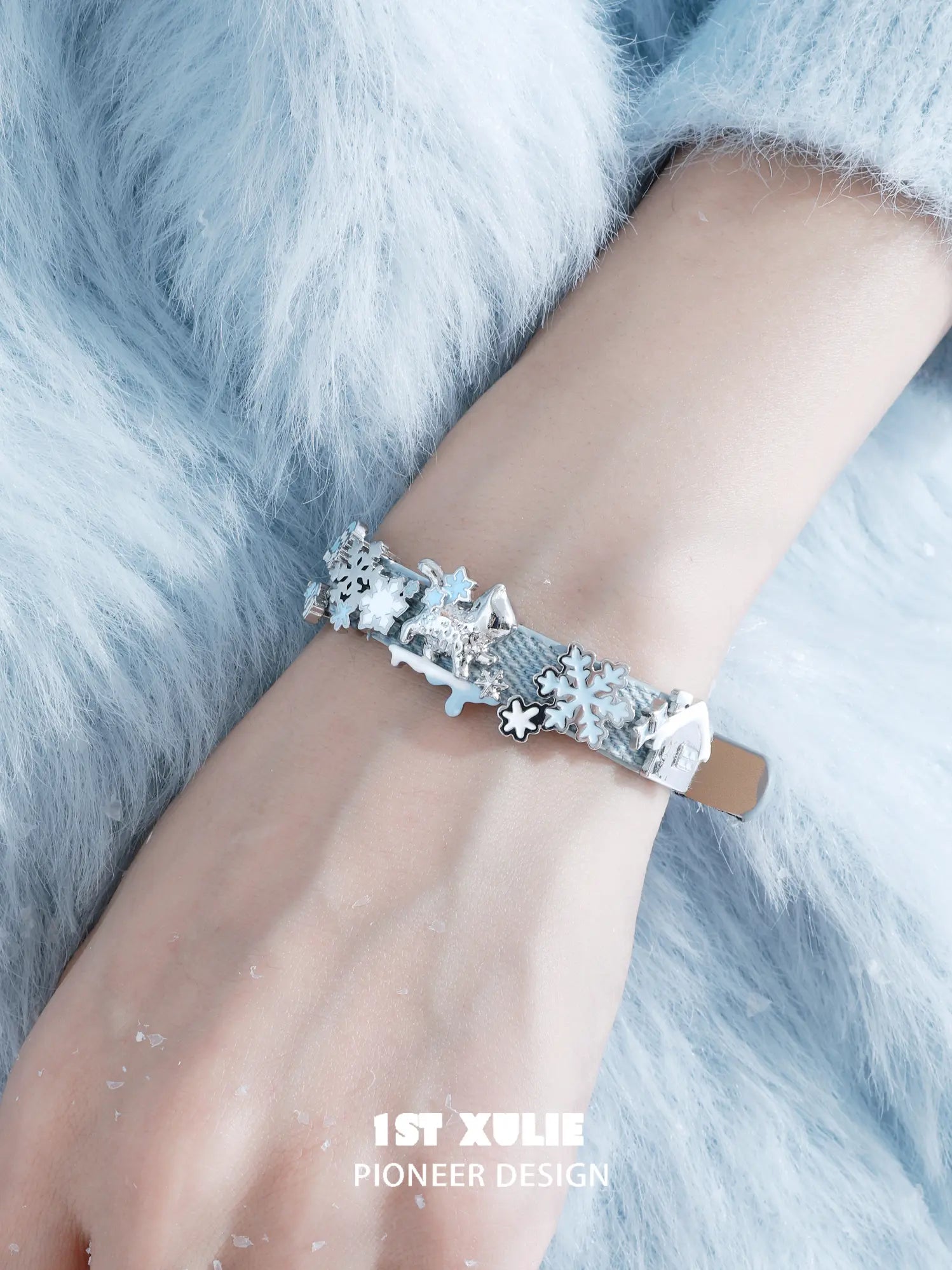 1ST XULIE Jewelry "Snowy Cuties" Leather Cat & Pony Buckle Bracelet in Brass - On Model