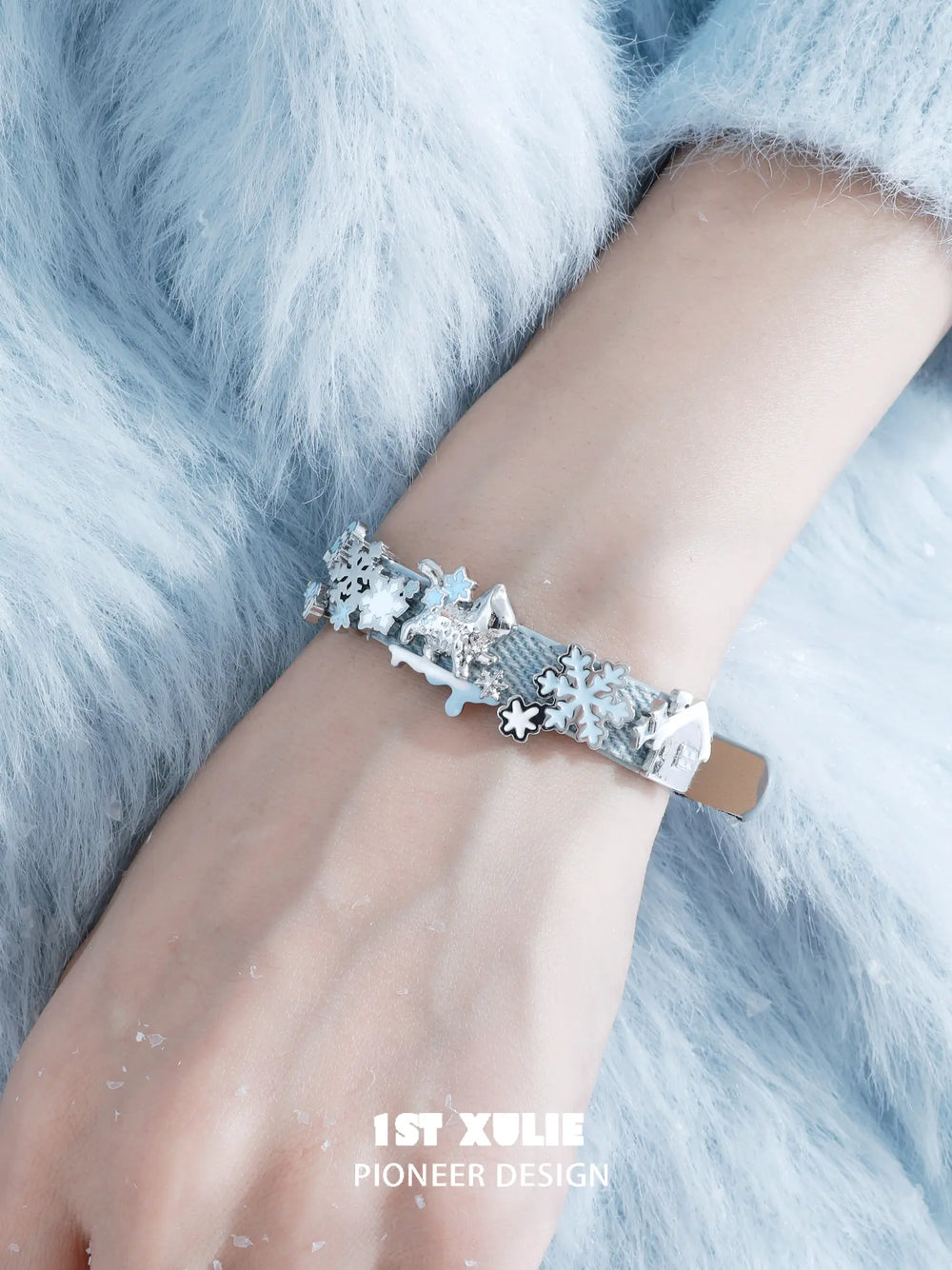 1ST XULIE Jewelry "Snowy Cuties" Leather Cat & Pony Buckle Bracelet in Brass - On Model