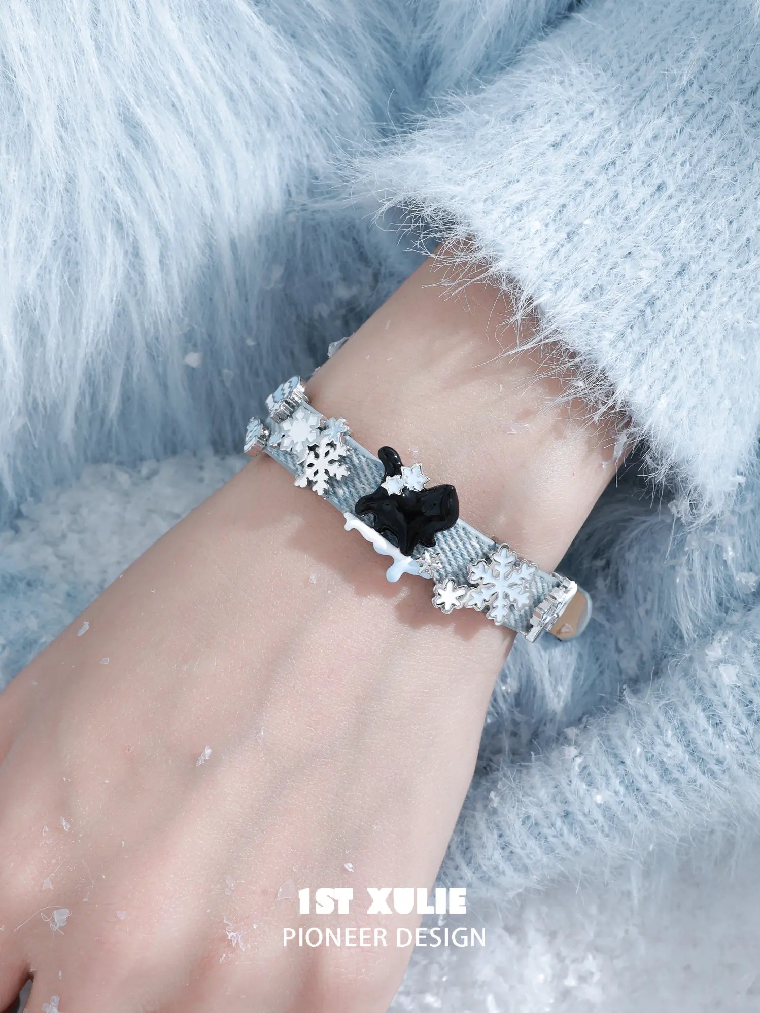 1ST XULIE Jewelry "Snowy Cuties" White Cat Leather Buckle Bracelet in Brass - Product View