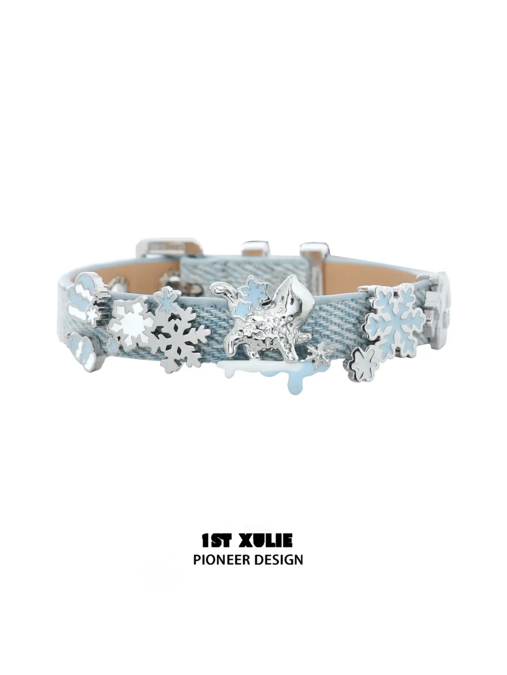 1ST XULIE Jewelry "Snowy Cuties" White Pony Leather Buckle Bracelet in Brass - Product View