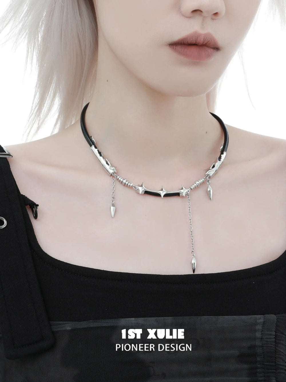1ST XULIE Jewelry "Black Mirror" Leather Collar Necklace in Genuine Leather - Angle View