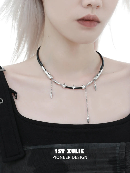 1ST XULIE Jewelry "Black Mirror" Leather Collar Necklace in Genuine Leather - Angle View