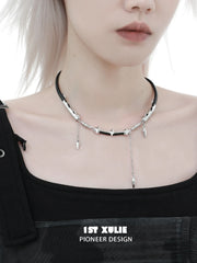 1ST XULIE Jewelry "Black Mirror" Leather Collar Necklace in Genuine Leather - Angle View