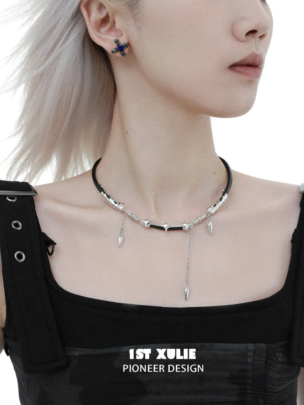 1ST XULIE Jewelry "Black Mirror" Leather Collar Necklace in Genuine Leather - Back View