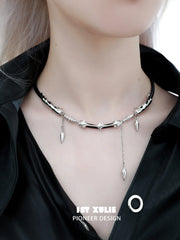 1ST XULIE Jewelry "Black Mirror" Leather Collar Necklace in Genuine Leather - Detail Shot