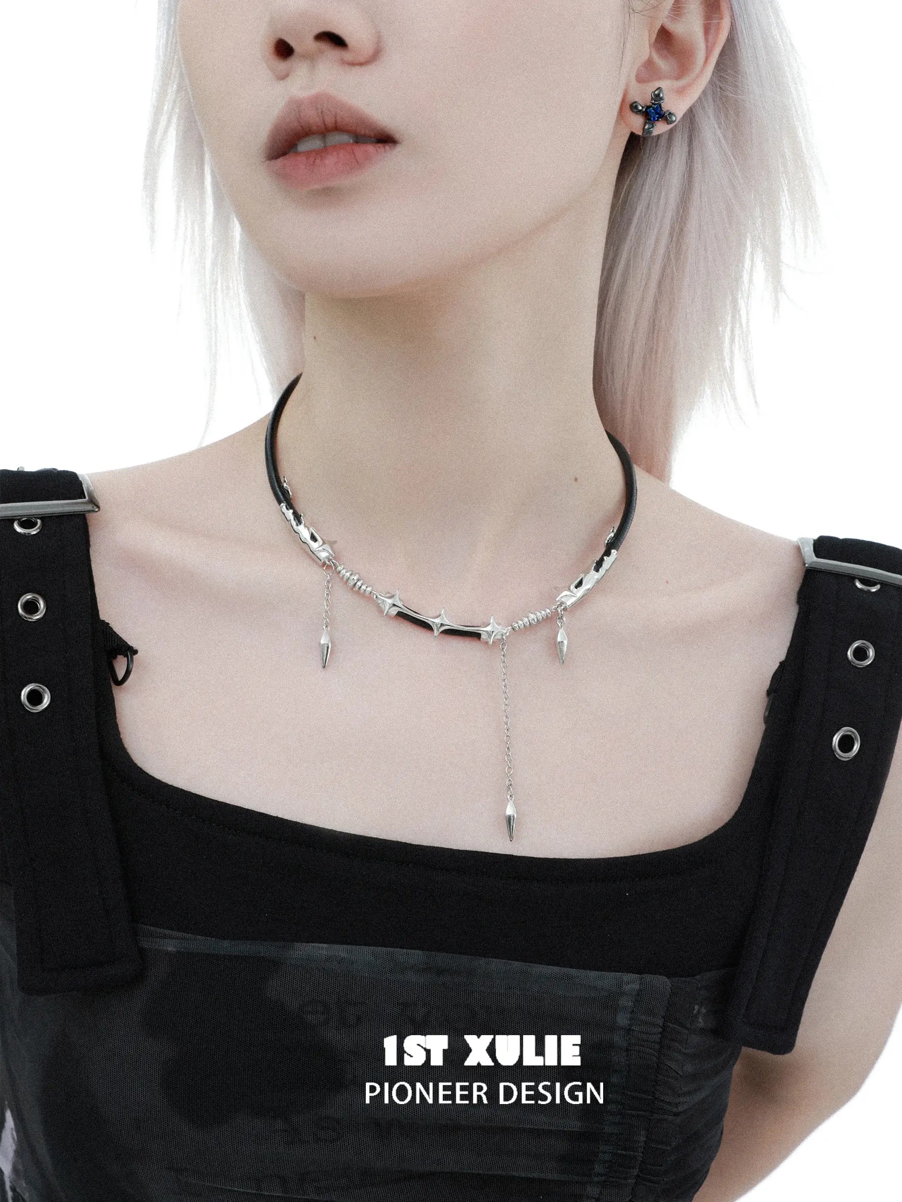 1ST XULIE Jewelry "Black Mirror" Leather Collar Necklace in Genuine Leather - Lifestyle Shot