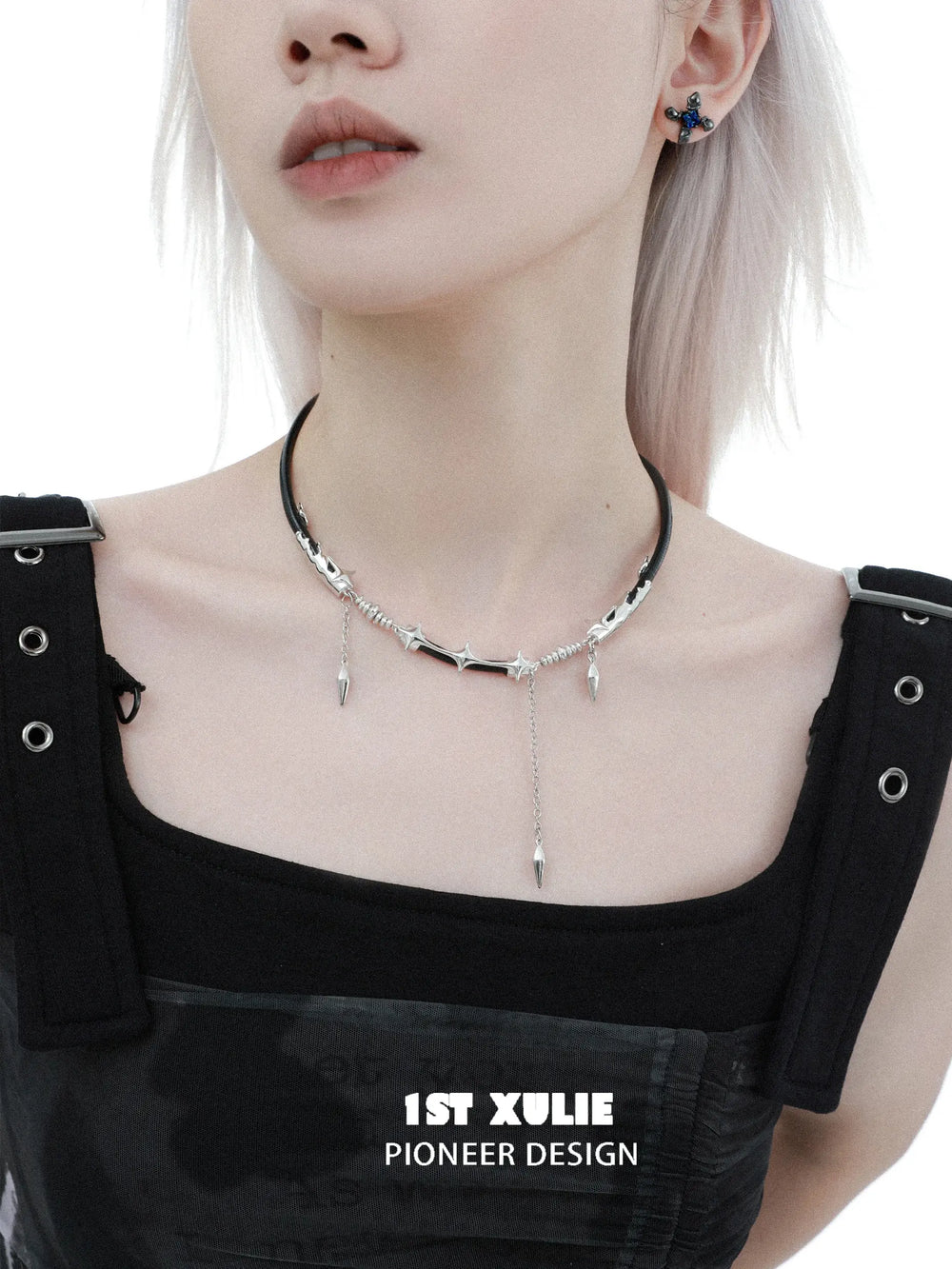1ST XULIE Jewelry "Black Mirror" Leather Collar Necklace in Genuine Leather - Lifestyle Shot