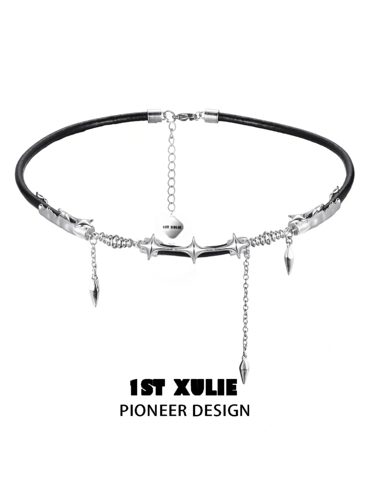 1ST XULIE Jewelry "Black Mirror" Leather Collar Necklace in Genuine Leather - On Model