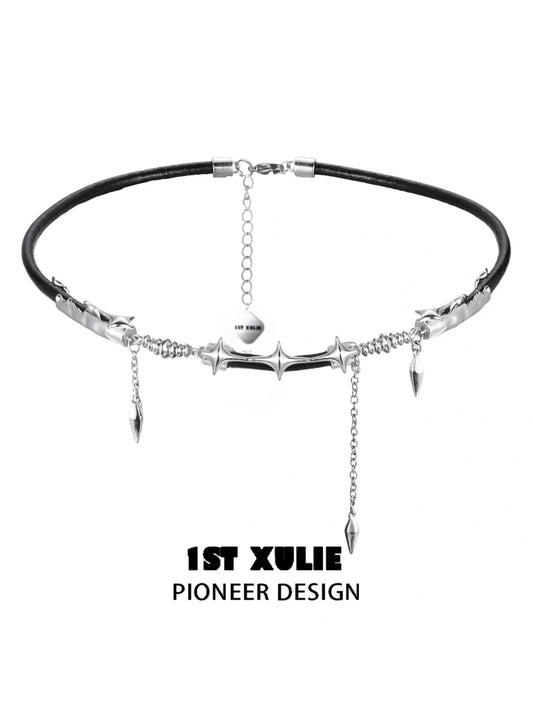 1ST XULIE Jewelry "Black Mirror" Leather Collar Necklace in Genuine Leather - On Model